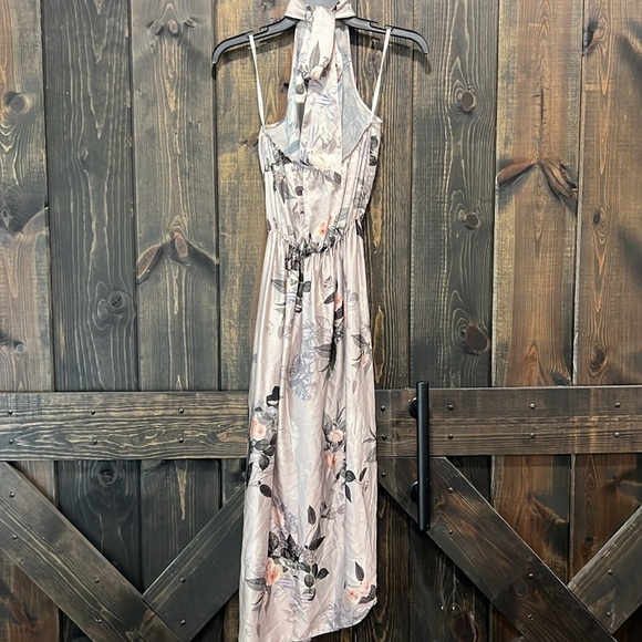 Sheike Halter Dress 8 Grey Silver Floral Satin Maxi Midi Boho Open Back Tie - Picture 5 of 11